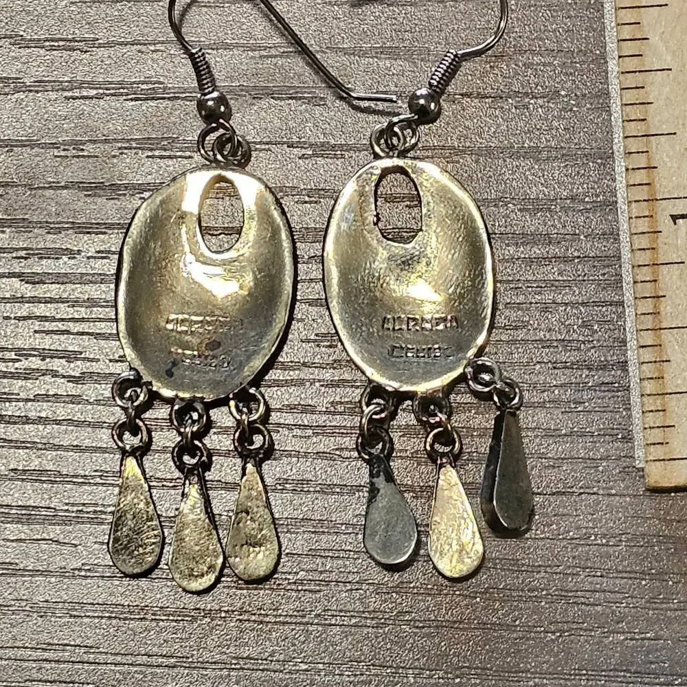Vintage Alpaca Silver & Blue Enamel Dangle Earrings with Mother of Pearl Flowers